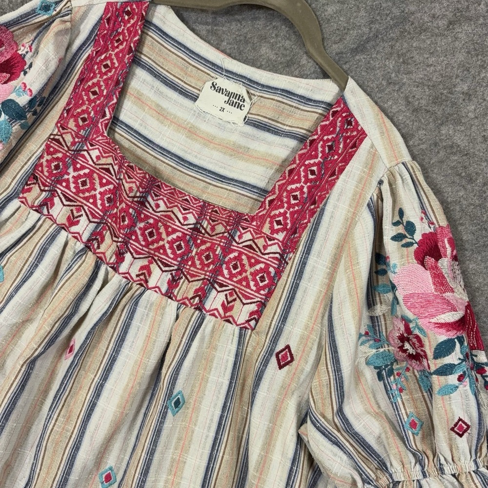 Savanna Jane Blouse Womens 2X Tan Striped Embroidered Floral Geometric